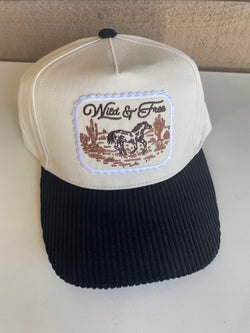 Black Corduroy Brim and Cream Wild & Free Patch Trucker Hat w/Adjustable Snap Fit