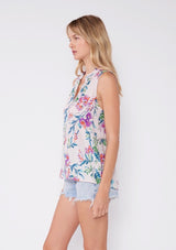 Vibrant Pink & Purple Floral Print Ruffle Trim Tank Top w/Half Button Neckline by Lovestitch
