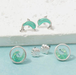 Sea Life Silver & Teal Shell, Dolphin & Wave Post Earrings Set