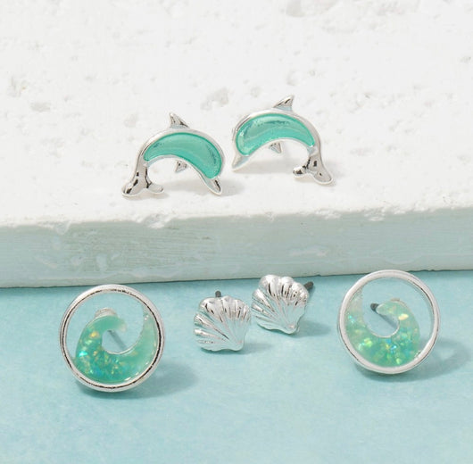 Sea Life Silver & Teal Shell, Dolphin & Wave Post Earrings Set