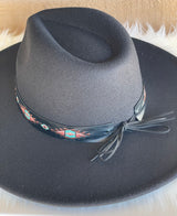 Black Fedora Hat w/Boho Tribal Band & Adjustable Fit