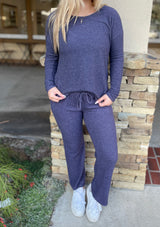 Navy Soft Brushed Hacci Straight Leg Loungewear Pants w/Pockets & Drawstring
