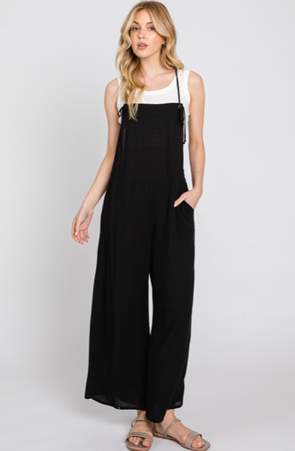 Black Relaxed Wide Leg Overall Jumper w Tie Straps Pockets