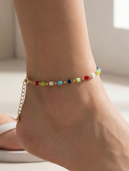 Juliet Colorful Bead & Gold Ball Chain Adjustable Anklet