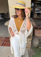 Ivory Lace Floral Design Long Sheer OS Kimono/Cover Up w/Front Tie