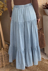 Light Denim Tiered Maxi Skirt w/Elastic Waist & Pockets
