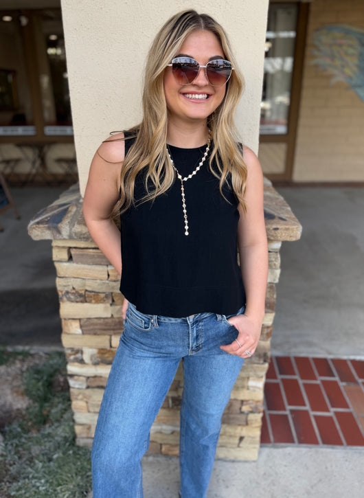 Black Flowy Round Neck Tank Top w/Keyhole Back Button