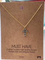 18K Gold Dipped & Black w/Rhinestone Center Cross Necklace