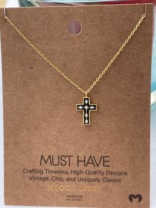 18K Gold Dipped & Black w/Rhinestone Center Cross Necklace