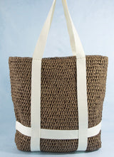 Tan Woven Straw Large Tote Bag w/Hat Holder, Zipper Closure & Pocket