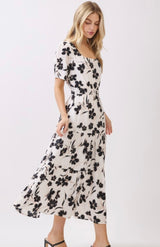 Ivory & Black Leaf Print Square Neckline Tiered Midi Dress w/Pockets