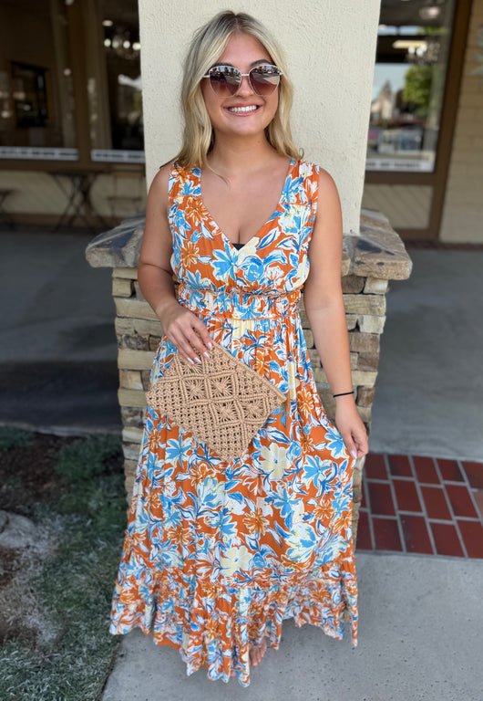 Ginger Floral V-Neck Maxi Dress w/Back Tie