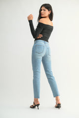 Light Blue Denim Straight Leg Jeans w/Ankle Scissor Cut Hem by Just USA Jeans