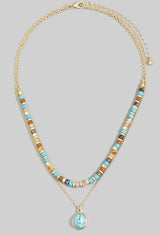 Multi Color Beads & Gold Chain w/Turquoise Stone Layered Necklace