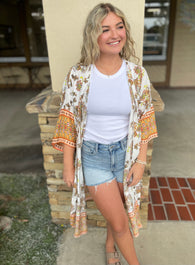 Luxe Yellow & Orange Paisley Print Long OS Kimono Top