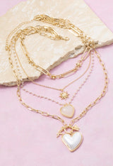 Heartbeat Necklace - Gold & Pearl Hearts Layered Chain Necklace