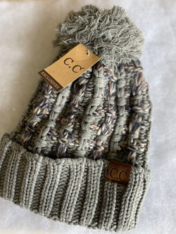 Gray Blend Cable Knit Pom Pom & Cuff Beanie by CC Brand
