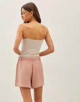 Soft Pink Linen Classic Shorts w/Pockets, Elastic Waist & Button