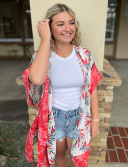 Red & Blue Tropical Print Sheer OS Kimono Top