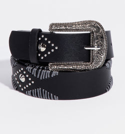 Shania Black & Silver Studded Belt w/Western Design and Silver Buckle