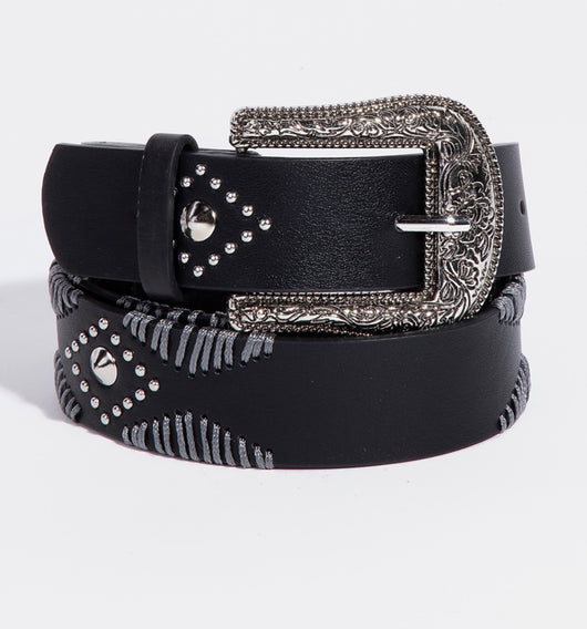 Shania Black & Silver Studded Belt w/Western Design and Silver Buckle