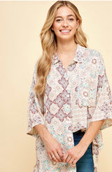 Seafoam & Berry Boho Print Button Down Top