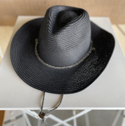 Black Straw Cowgirl Hat w/Sparkly Rope Band & Neck Strap