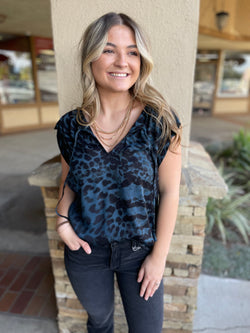 Midnight Blue & Black Print Split Neck W/Tie Sleeveless Top by Lovestitch