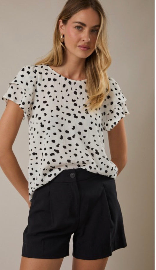 White & Black Abstract Flutter Sleeve Blouse