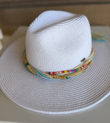 White CC Brand Sunhat w/Colorful Beads & Raffia Band and Adjustable Fit