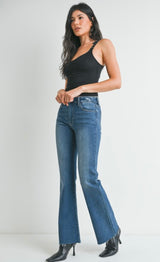 Dark Denim Flare Jeans w/Raw Hem & Stretch by Just Black Denim Made in USA
