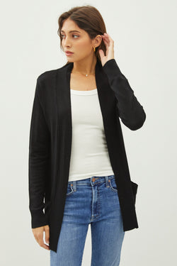 Black Cotton Blend Knit Cardigan w/Pockets