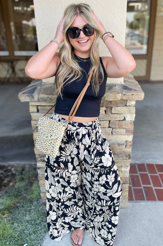 West Palm Beach Black & Cream Tropical Design Wide Leg Front Tie Smocked Waist Pants w/Pockets by Angie