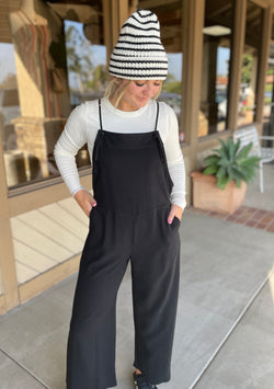 Black Relaxed Wide Leg Overall Jumper w/Tie Straps & Pockets