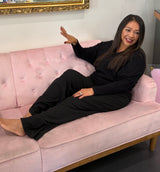 Black Ribbed Wide Leg Loungewear Pants w/Elastic Drawstring Waist