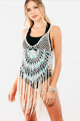 Tan & Multi-Color Crochet and Fringe Tank Top/Cover-Up