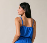 Cobalt Blue Ribbed Texture Wide Leg Adjustable Spaghetti Strap Midi Jumper w/Pockets