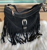 Black Fringe & Antique Silver Buckle Shoulder Purse