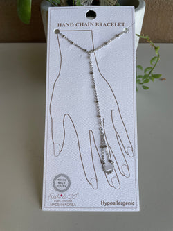 White Gold Dipped Silver Ball Chain & Round CZ Stone Hand Chain Bracelet