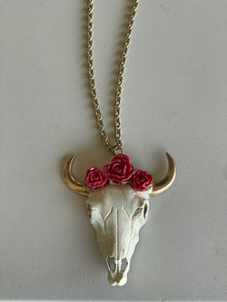Betsy Chunky White & Coral Bullhead Pendant on Gold Long Chain Link Necklace w/Bullhead Earring Set