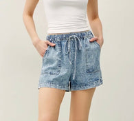 Marble Denim Wash Tencel Shorts w/Elastic Tie Waist and Pockets