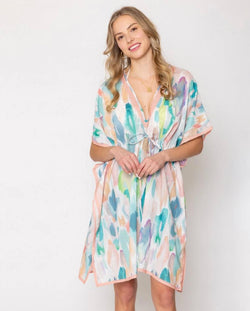 Watercolor OS Pastel Kimono/Cover Up w/Tie Waist