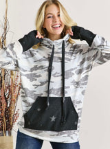 Ivory Camo Cowl Neck Drawstring Hoodie w/Front Star Print Pocket