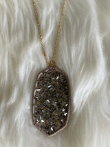 Long Gold Necklace w/Gray Glass Bead Oval Pendant