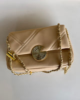 Tan Quilt Design & Gold Circle Snap Closer Purse w/Gold Chain and Leather Strap