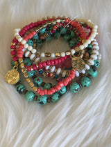 India Mixed Pink & Turquoise Set of 8 Beaded Bracelets