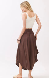 Chocolate Flowy Midi Skirt w/Pockets and Smocked Waistband