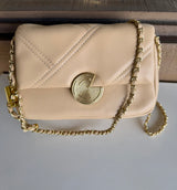 Tan Quilt Design & Gold Circle Snap Closer Purse w/Gold Chain and Leather Strap