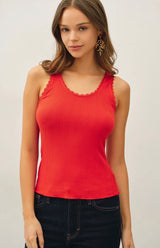 Red Lace Trim Ribbed Tank Top