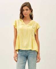 Yellow Flowy Ruffle Cap Sleeve & Woven Stitch Detail Top